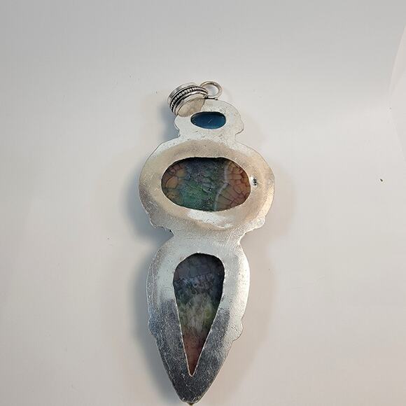 Handmade Rainbow Fluorite and Blue Chalcedony Pendant in Sterling Silver Setting - Picture 3 of 10
